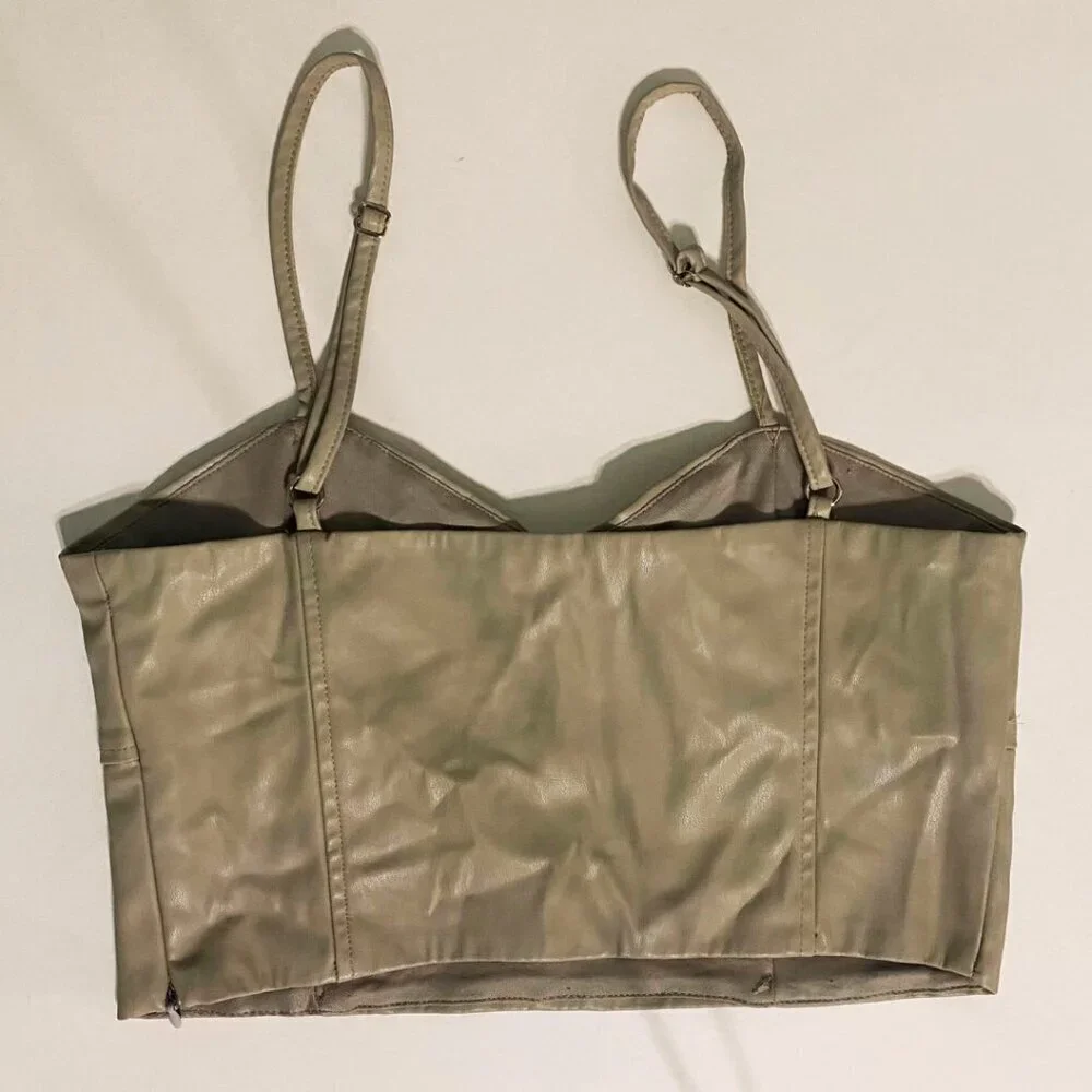 Zara Faux Leather Cream Colored Crop Tank Top with Adjustable Straps, Size S - Picture 3 of 9